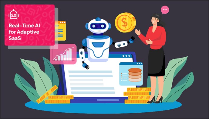 visual presentation of AI working along with a human showcasing different aspect such as revenue, chat, etc.