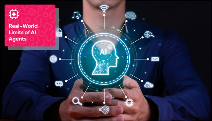 Visual presentation of potential and real-world limitations like unstructured data, system incompatibility, and model bias with AI in the center