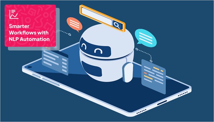 a digital robot with icons of seach bar, chat heads, dashboard etc.