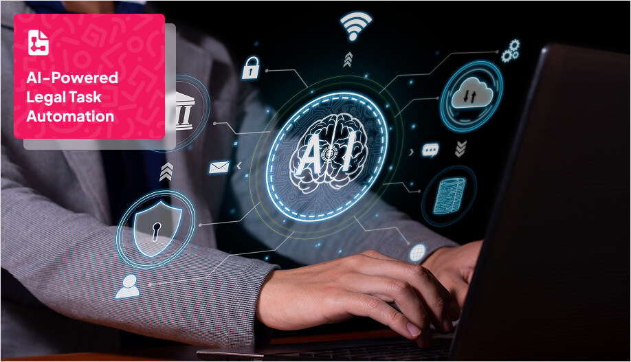 a person using a laptop, with an overlay of digital icons and the letters "AI" at the center