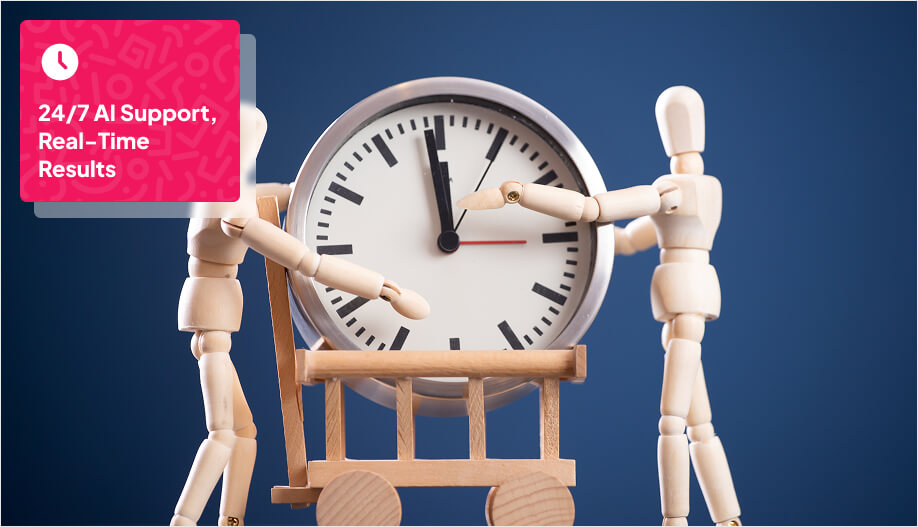 a clock placed in a wooden cart with two wooden dolls