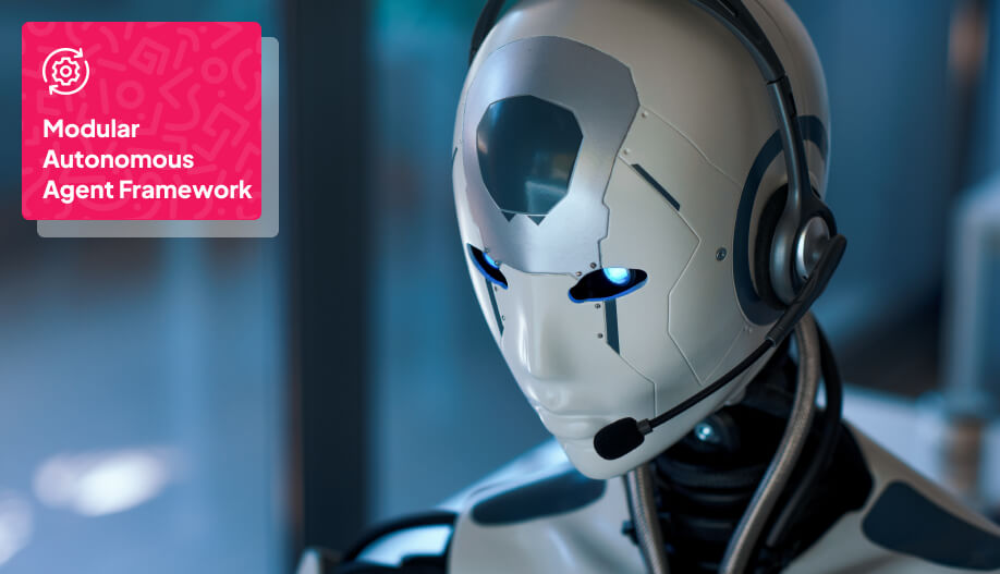 a humanoid robot with a headphone on talking to customer over the phone