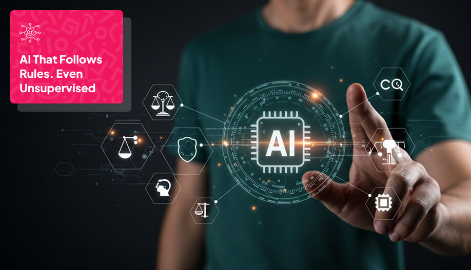 a user's hand touching a floating digital icons connected to the letter AI