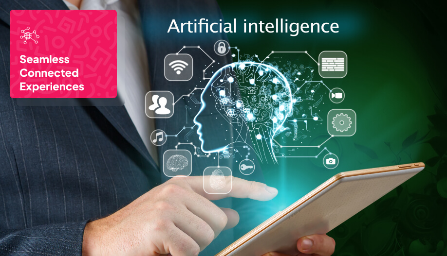 user navigating his tablet with a digital presentation of AI floating above the tablet's screen