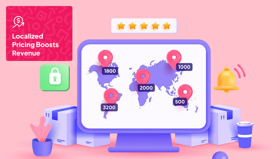 an illustration that shows the map of the world with prices indicator that symbolizes localized pricing