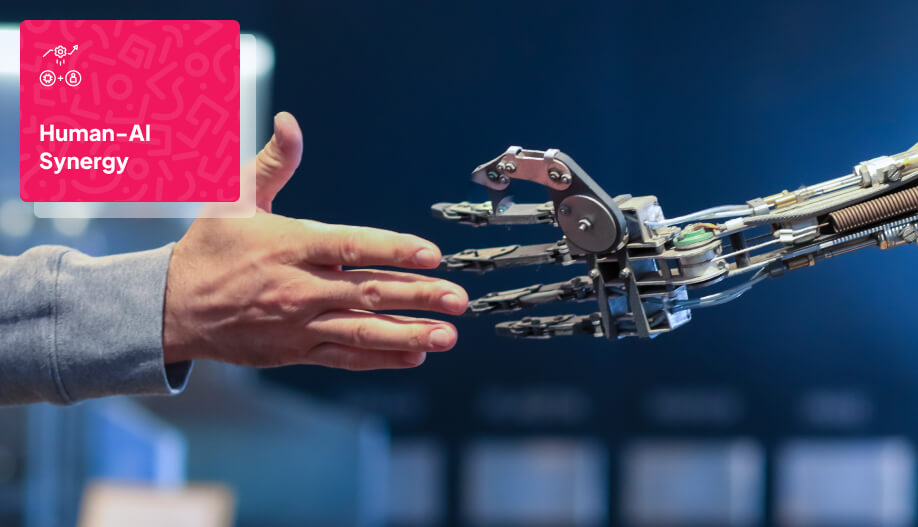 a human hand and a robot hand extending their hand to do handshake representing AI and human collaboration