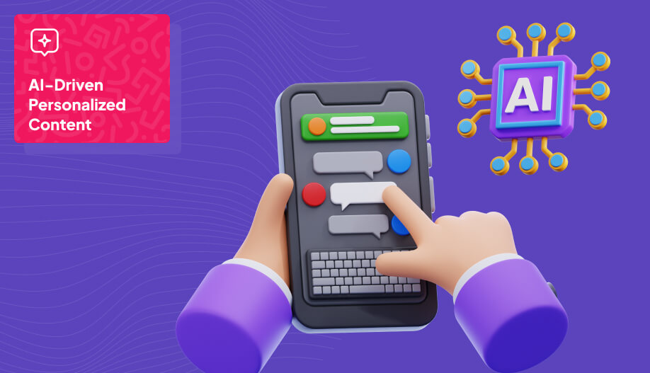 an animated illustration of hand using a mobile phone showing chat threads with AI floating in the background