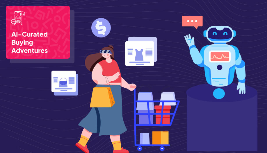 an animated illustration of consumers shopping with a robot as an assistant