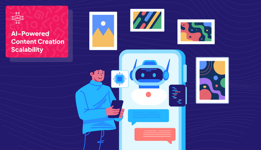 an animated illustration of human holding a phone with a phone screen in the background showing a robot head