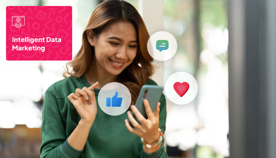 user navigating her mobile phone with some pop ups features surrounding it