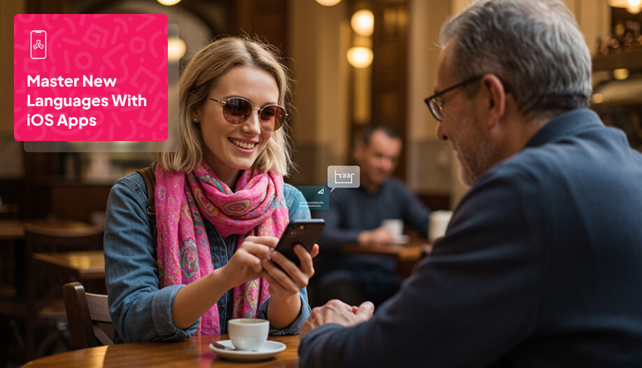 a woman using her phone while talking to a man across the table