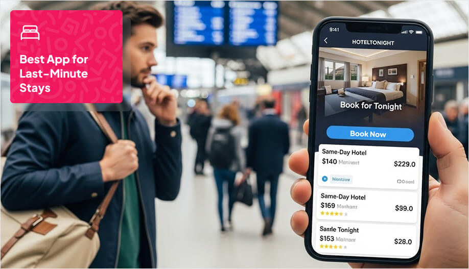 a phone screen showing a HotelTonight-style interface with a big “Book for Tonight” button and a short list of same-day deals in one city