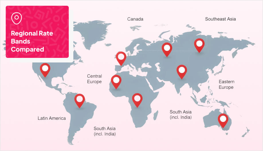 a world map with with location pins on certain regions