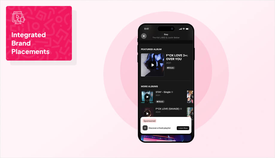 clean illustration of a smartphone with a music app screen, and a subtle “sponsored” badge or logo tile embedded inside the interface