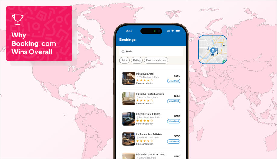 a single smartphone screen showing a Booking.com-style results page for a major city