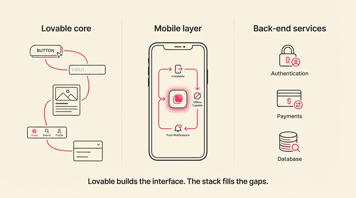 three columns that shows “Lovable core” (UI, flows), “Mobile layer” (PWA/wrapper), “Back-end services” (auth, payments, database)