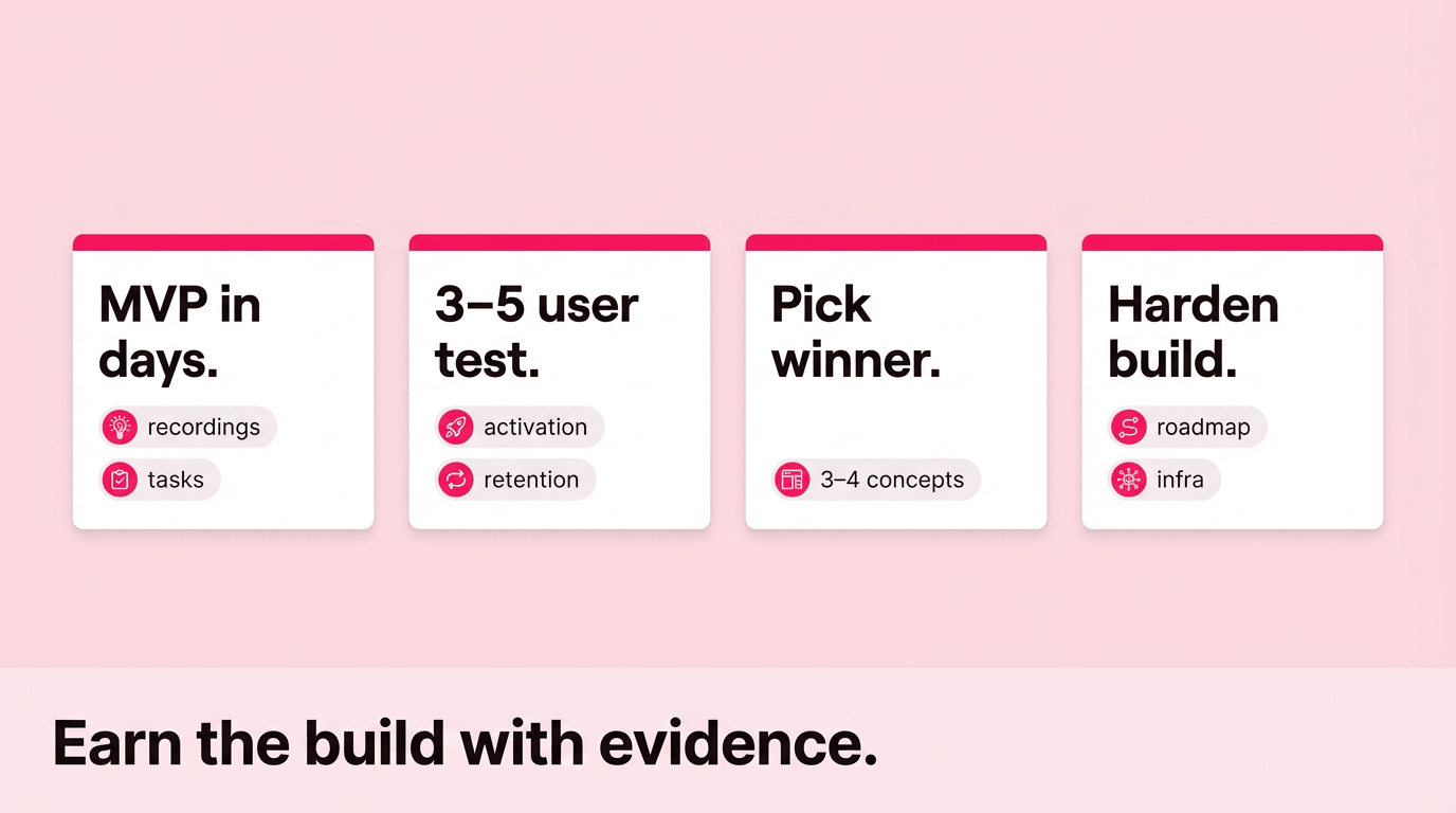 a deck-style decision flow that shows the concept of “Validate fast → build for real”
