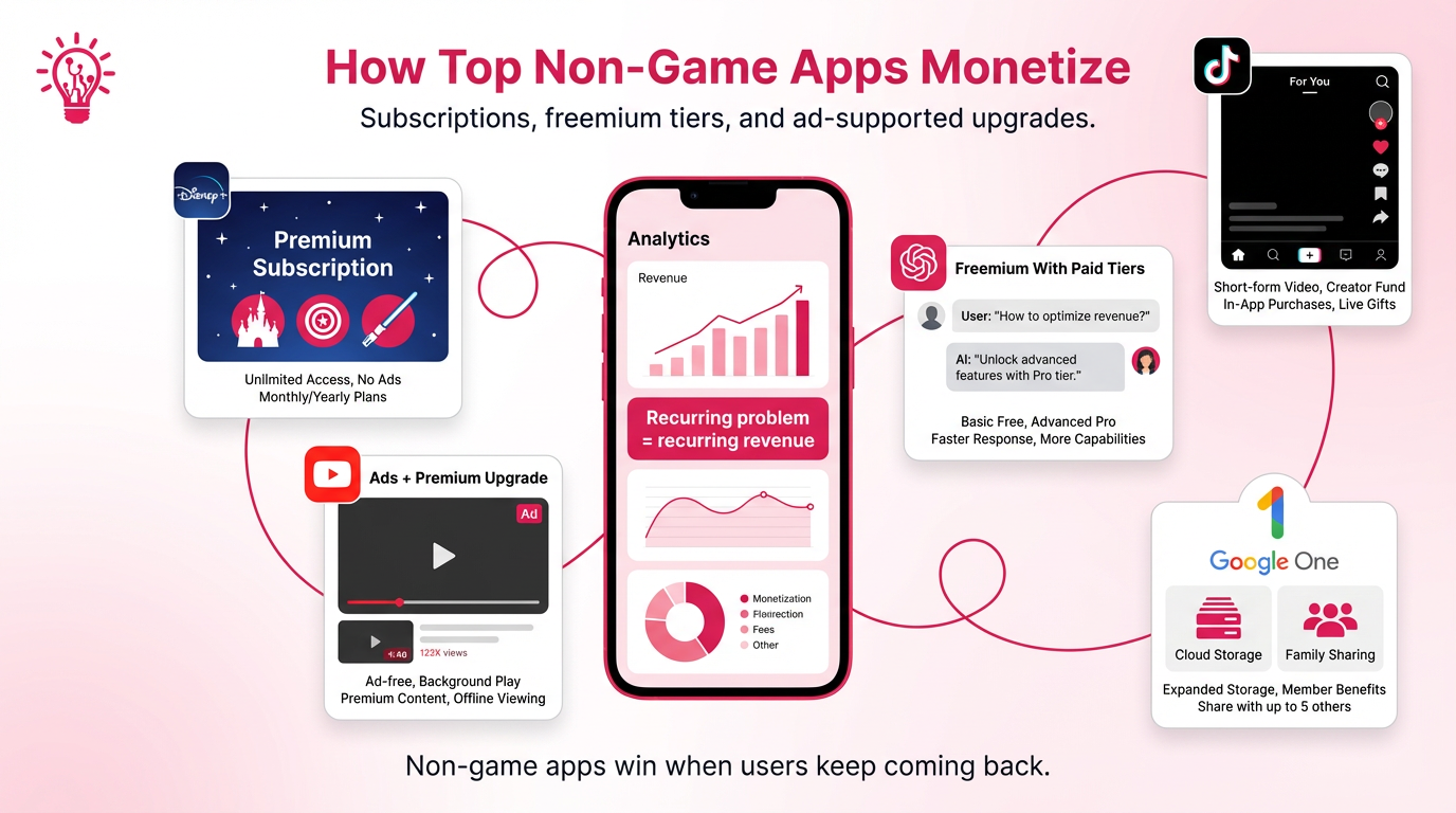 Illustration showing a central mobile app screen connected to monetization cards for subscriptions, freemium tiers, ad-supported upgrades, and bundled cloud storage, explaining how top non-game apps generate recurring revenue
