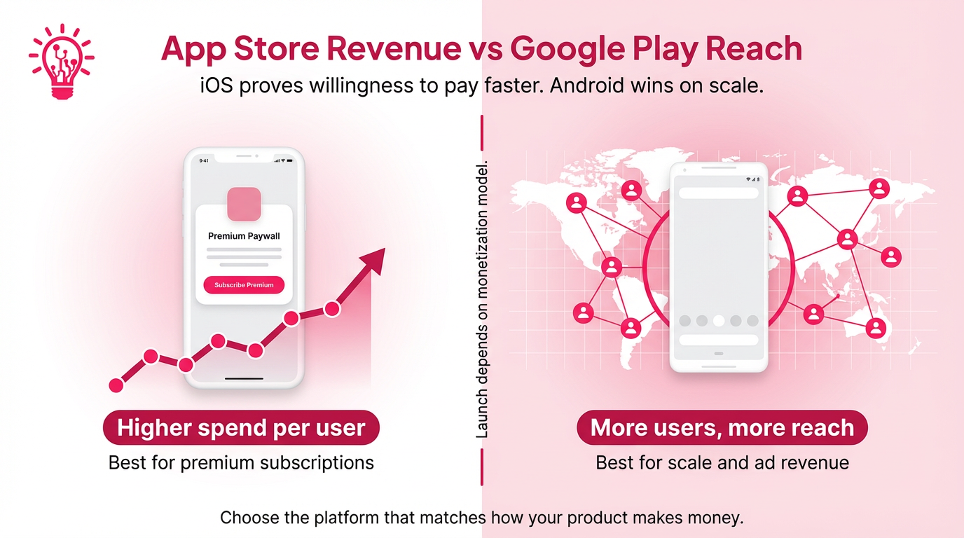 Split-screen comparison image showing an iPhone with higher subscription revenue on one side and an Android phone with larger user reach and install volume on the other, illustrating App Store vs Google Play monetization strategy.