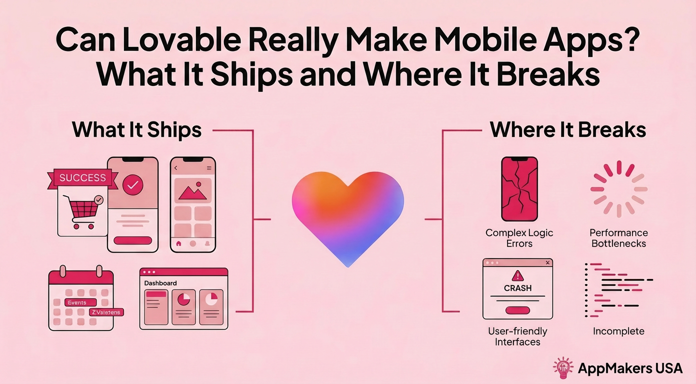 Lovable mobile app capabilities infographic comparing what it ships versus where it breaks, with heart icon divider on a pink background