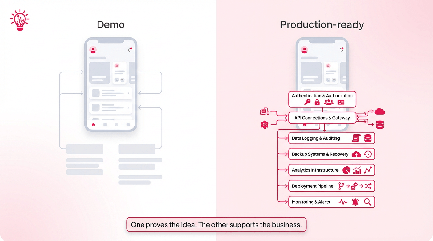 Side-by-side diagram comparing a polished demo app with a production-ready app that has deeper technical infrastructure underneath