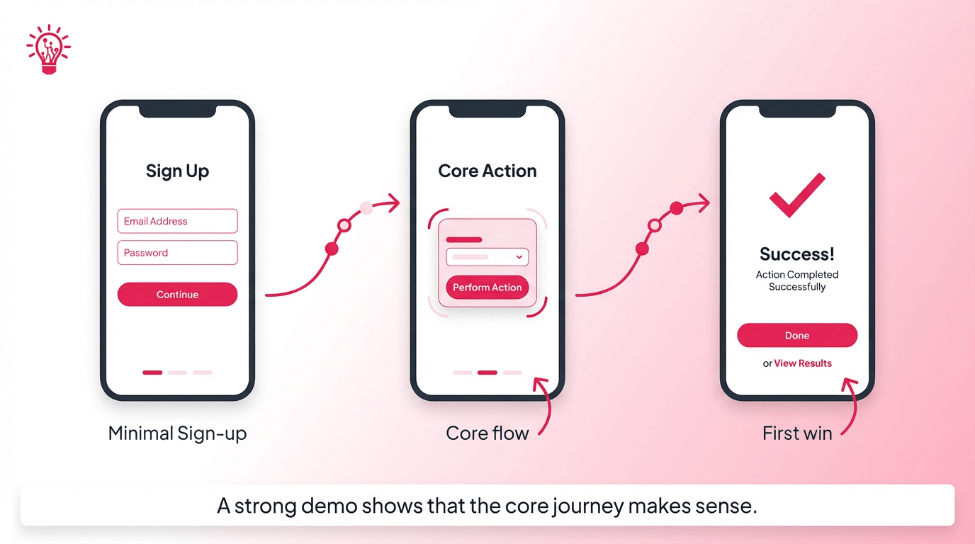 Clean diagram showing a user moving through a simple app demo flow from signup to first successful outcome