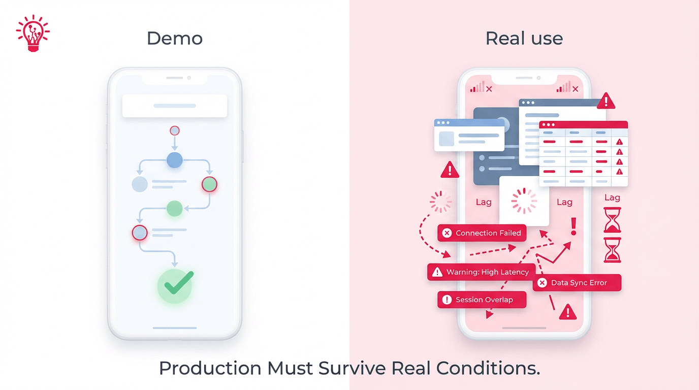 Split diagram showing a polished app demo on one side and the same app under real-world usage pressure on the other