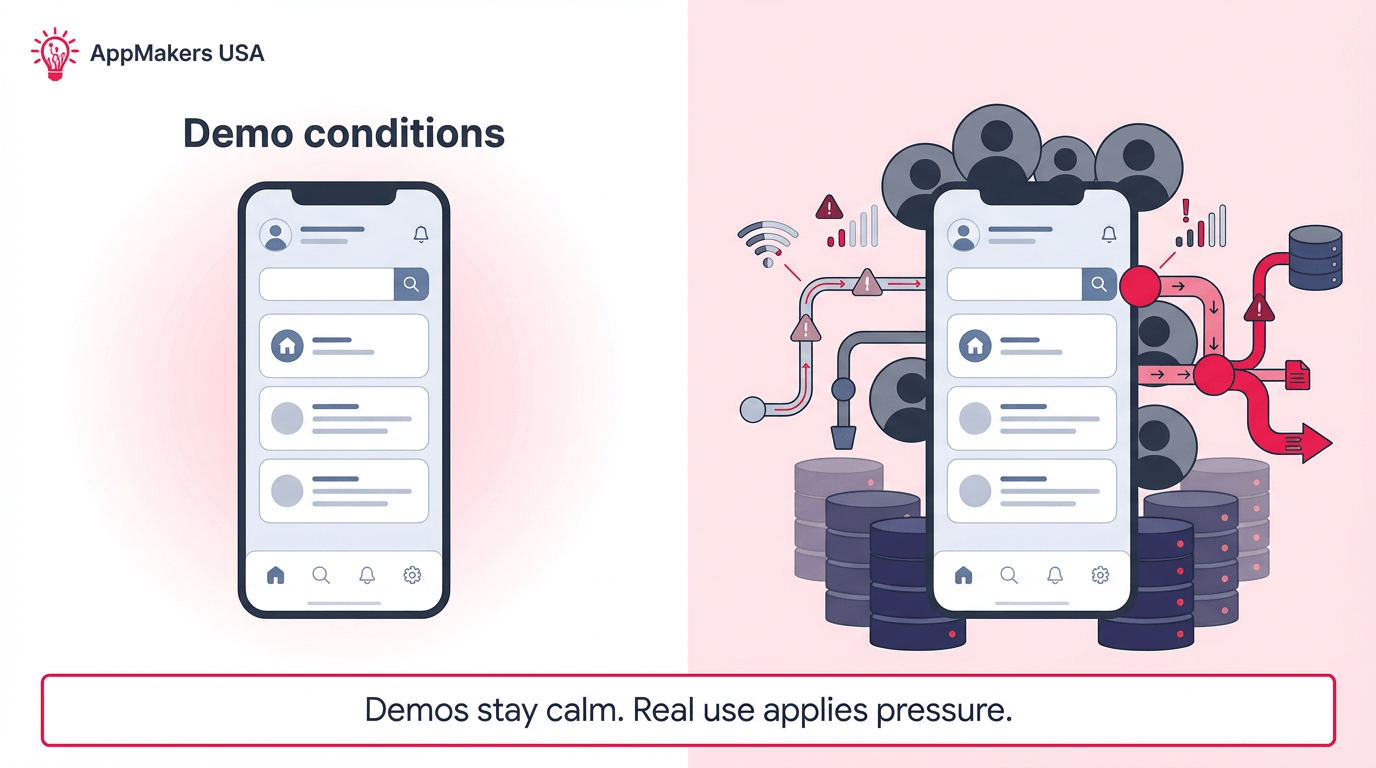 Clean systems visual showing a polished app under real-world pressure from traffic, growing data, and external service bottlenecks