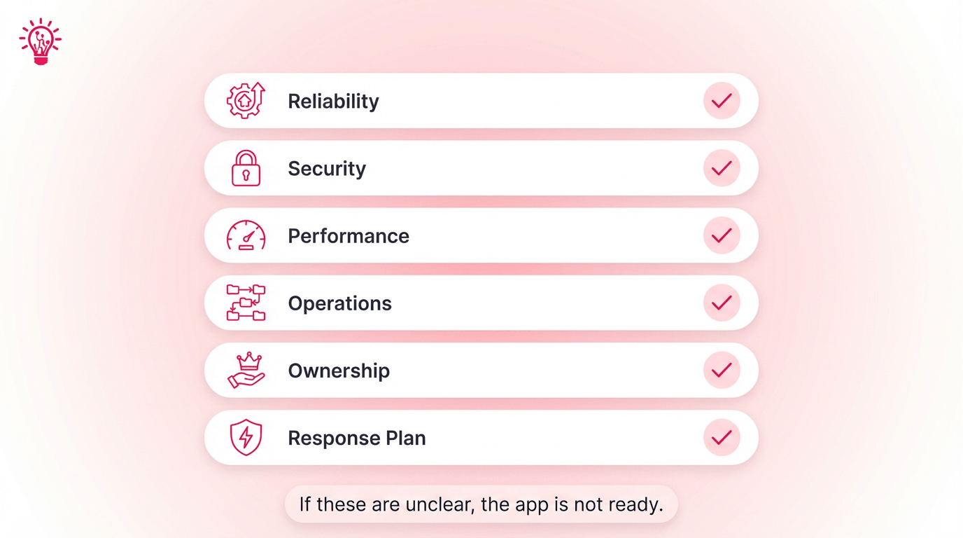 Clean checklist graphic showing the core launch-readiness areas for a production app