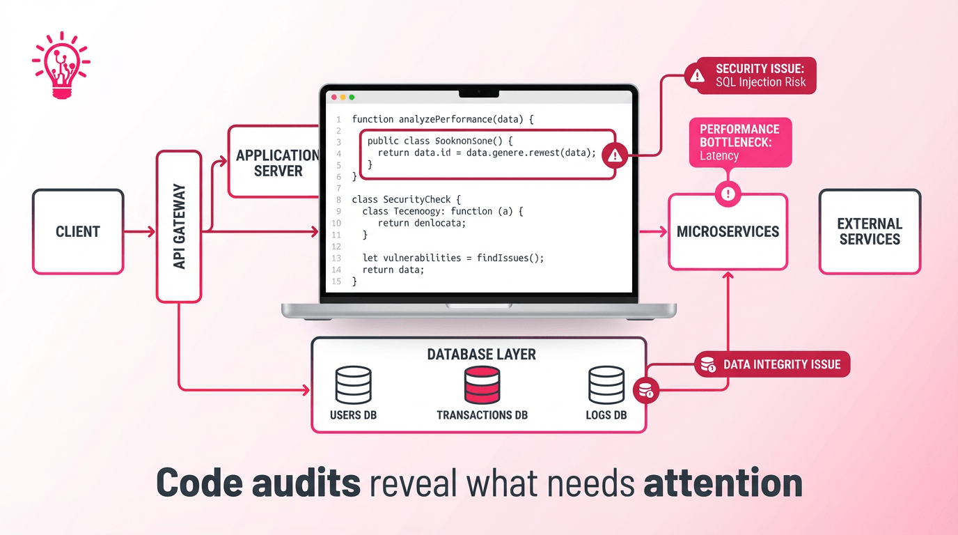 Horizontal illustration of a laptop with code and connected system panels showing architecture, integrations, and risk review in an app code audit