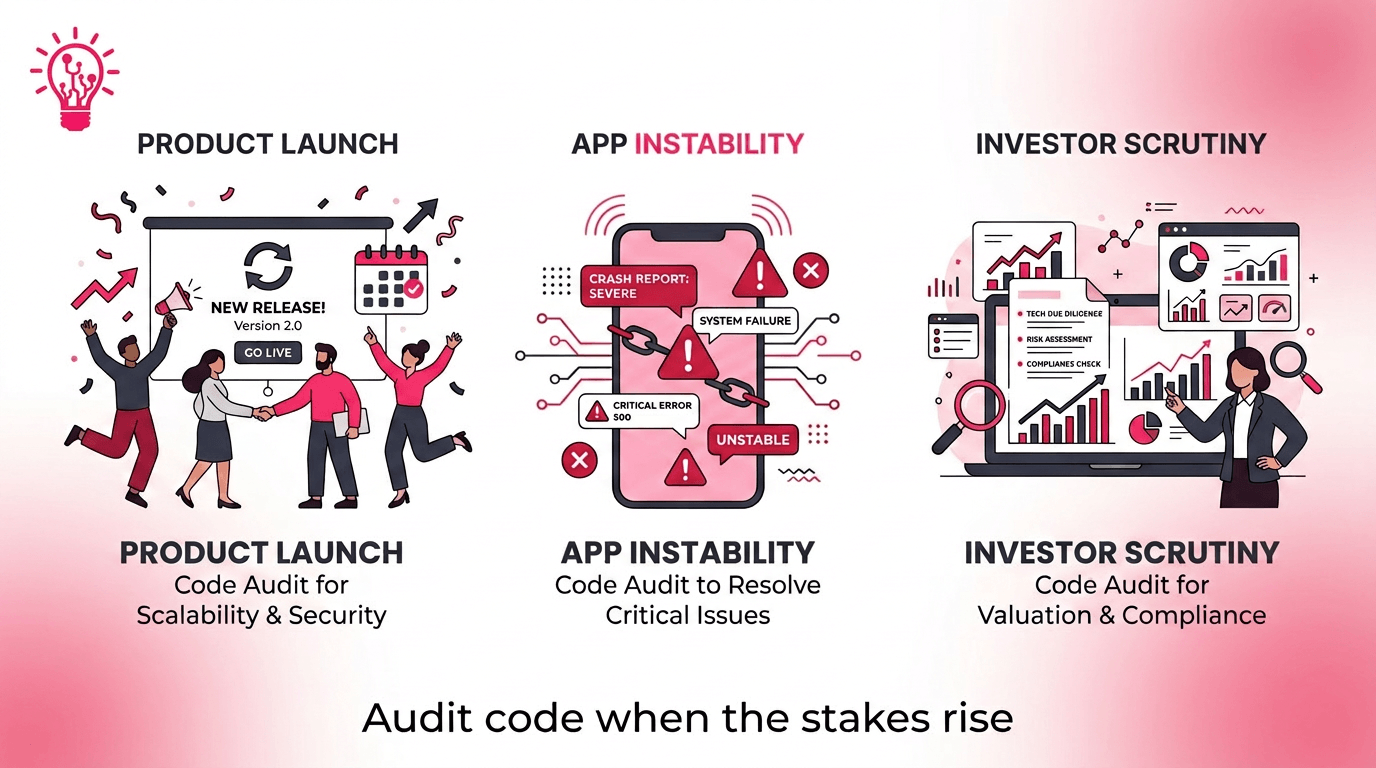 Horizontal illustration showing three reasons to run an app code audit: an upcoming launch, app instability, and investor technical review.