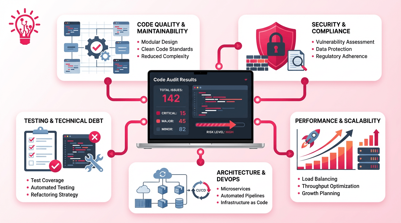 Horizontal infographic showing five core areas of a professional app code audit: code quality, security, performance, architecture, and testing.