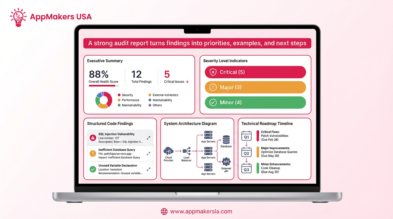 Horizontal illustration of a structured app code audit report showing an executive summary, severity levels, code findings, architecture diagrams, and a roadmap