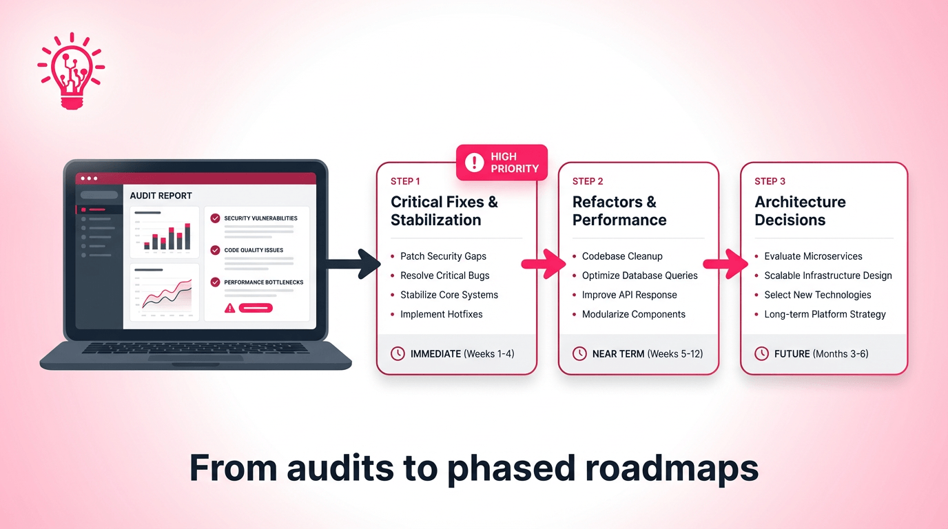 Horizontal illustration of an audit report turning into a phased roadmap with priorities for refactoring, stabilization, and larger rebuild work