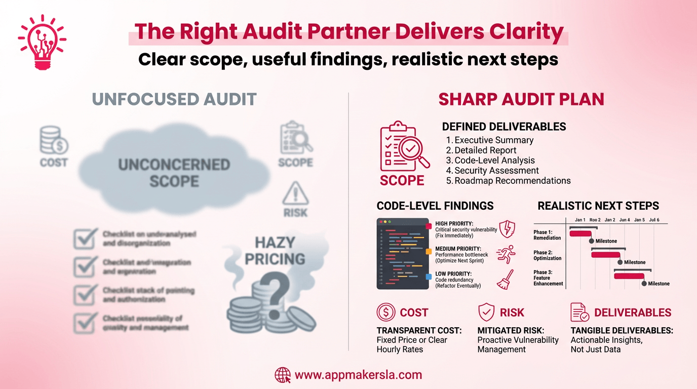 Horizontal illustration comparing a vague app code audit proposal with a clear, well-scoped audit plan that includes deliverables, findings, and next steps