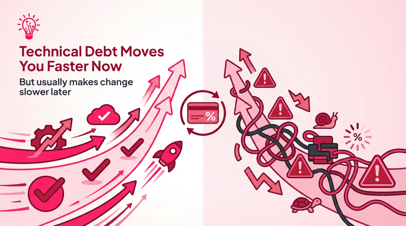 Horizontal illustration showing a fast early app shortcut turning into technical debt that slows down future product changes