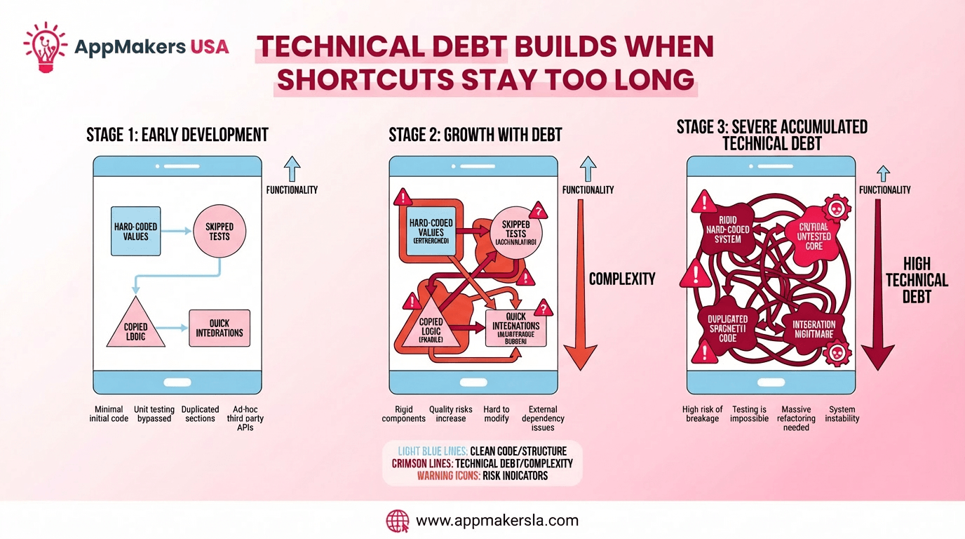 Horizontal illustration showing small early app shortcuts turning into a tangled system with hidden technical debt over time