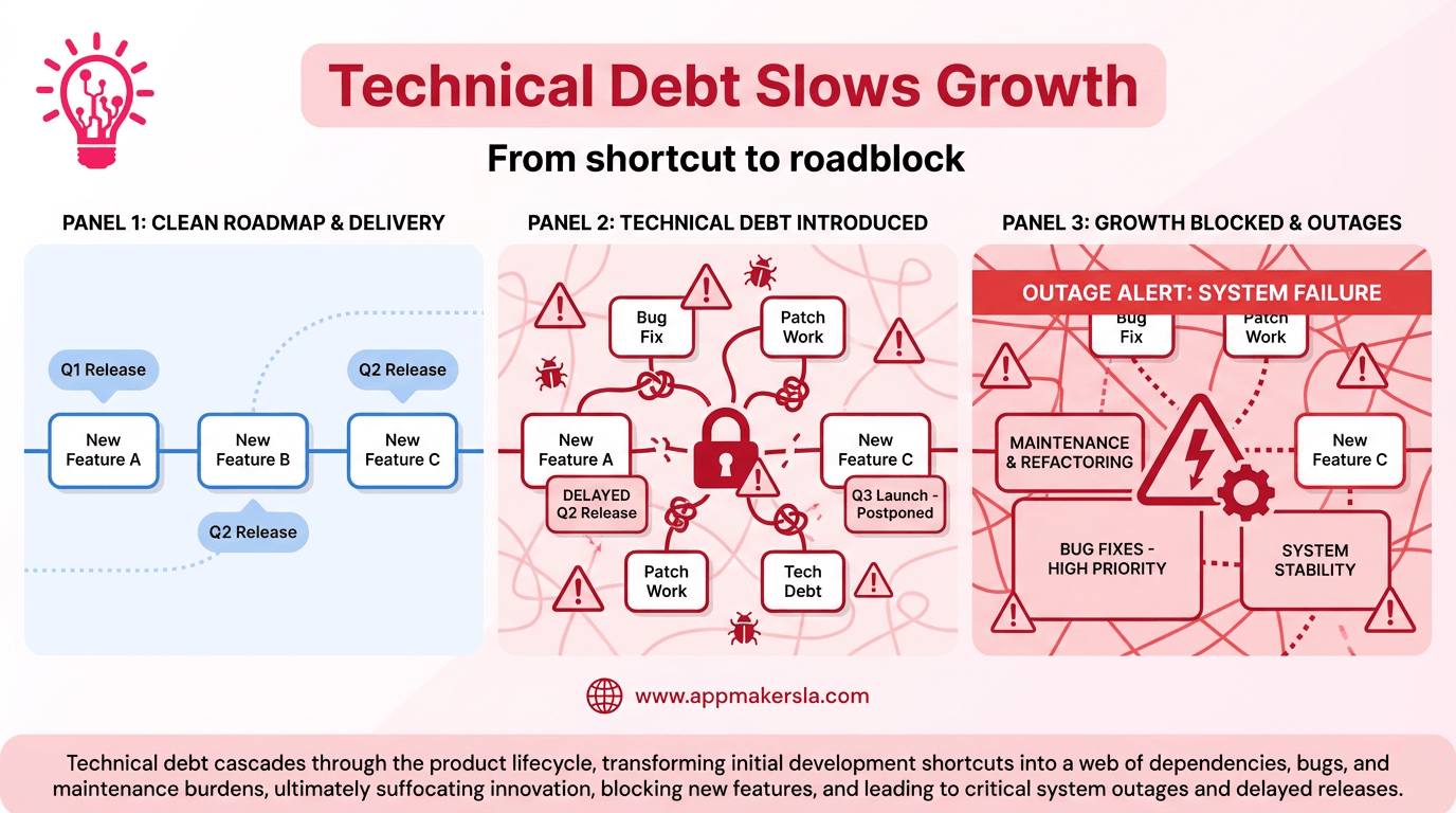 Horizontal illustration showing technical debt slowing releases, causing bugs and outages, increasing maintenance work, and dragging down a product roadmap