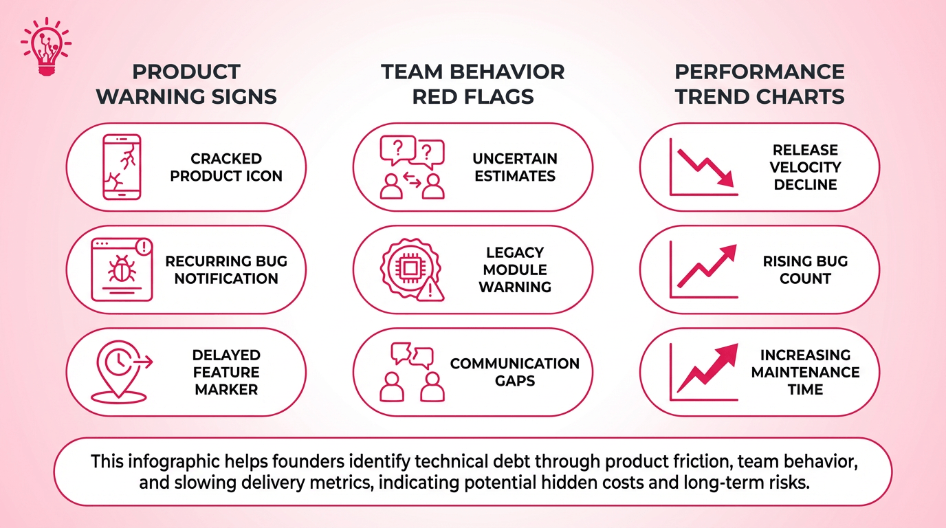 Horizontal illustration showing three ways founders spot technical debt: warning signs in the product, non-technical team red flags, and slowing engineering metrics