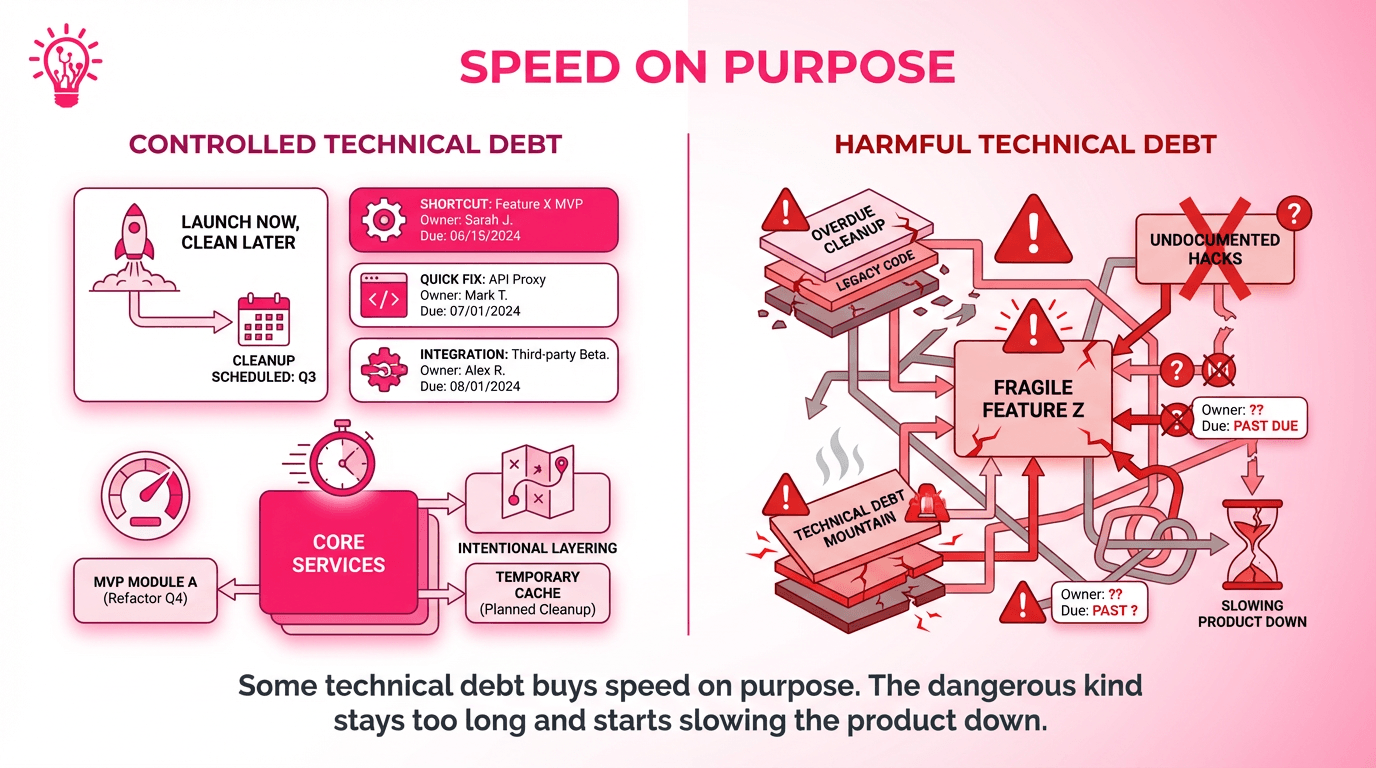 Horizontal split-screen illustration comparing good technical debt with clear ownership and cleanup plans and harmful technical debt