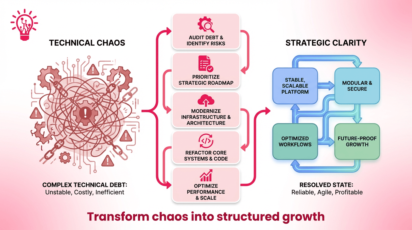 Horizontal illustration showing technical debt turning into a structured action plan with prioritization, roadmap planning, refactoring decisions, product communication, and outside technical support