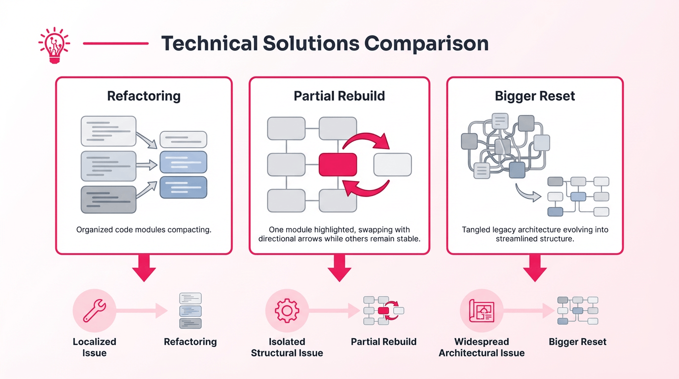 Horizontal illustration comparing three technical debt responses: refactoring a stable codebase, rebuilding one isolated module, and replacing a larger brittle system with a cleaner structure