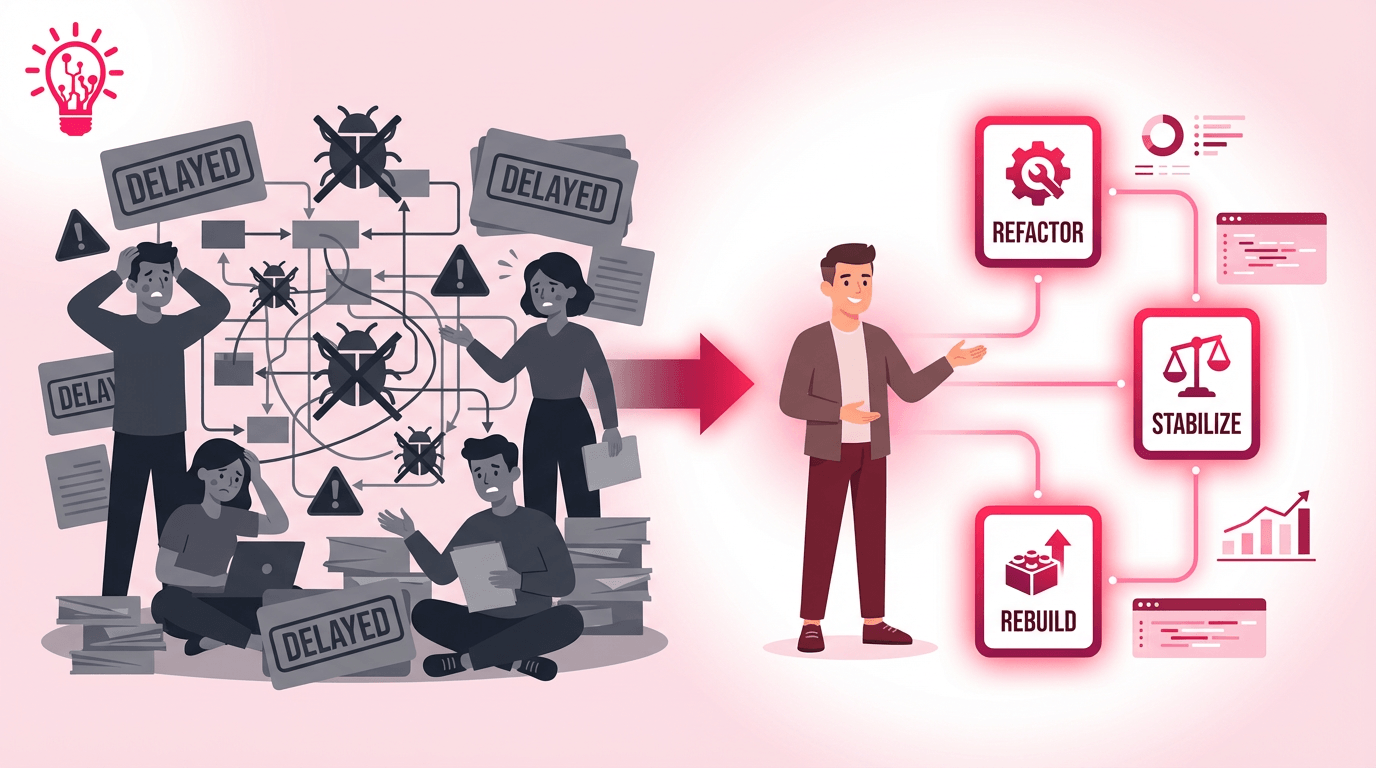 Horizontal illustration of a startup team working with a development partner to turn technical debt into a prioritized plan for refactoring, stabilization, and future improvements