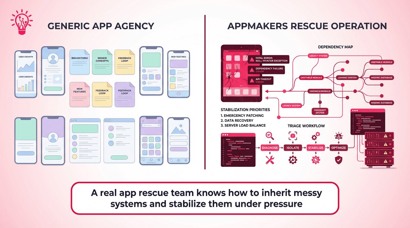 Horizontal split-screen illustration comparing a generic app agency with a specialized app rescue team handling a broken live product, legacy code, and a stabilization plan