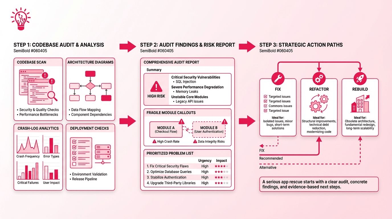 Horizontal illustration showing a three-step app rescue audit process: technical review, written findings, and decisions to fix, refactor, or rebuild