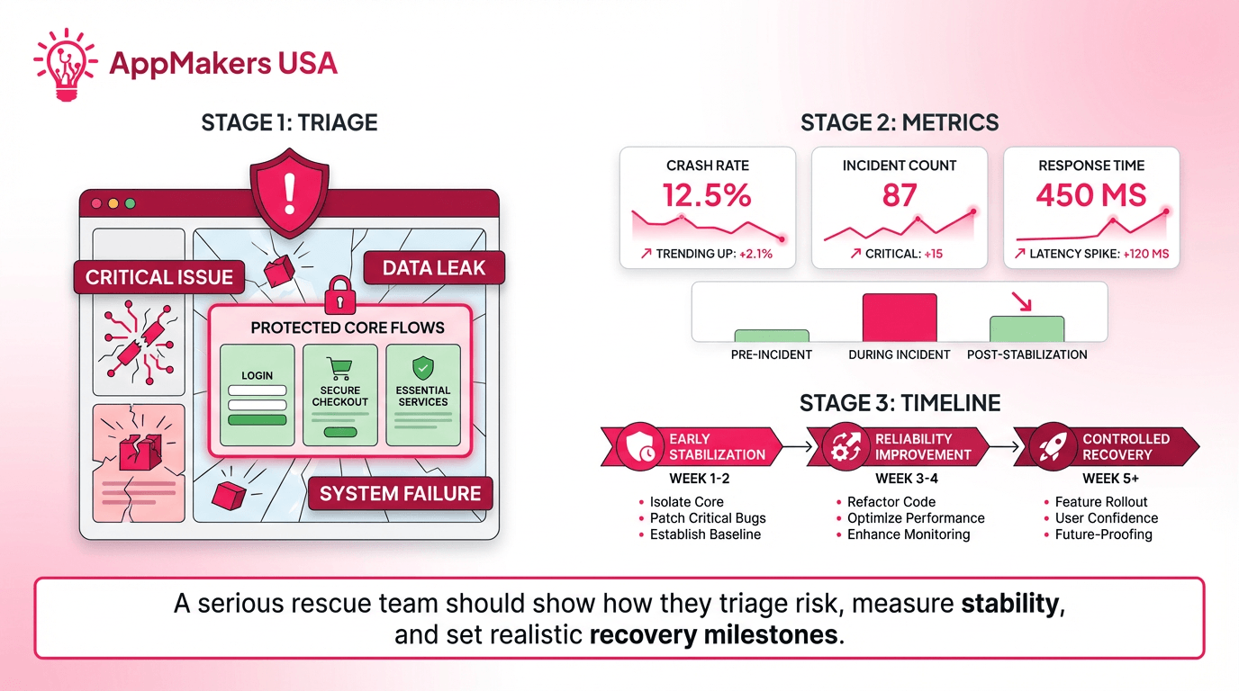 Horizontal illustration showing a broken app being stabilized through triage, measurable improvement in crash and response metrics, and a phased recovery timeline