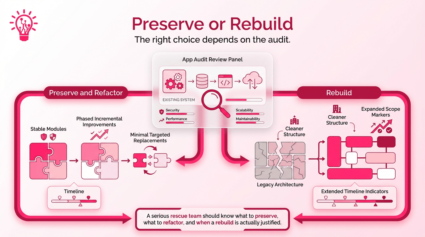 Horizontal illustration showing an app rescue team choosing between preserving a usable existing stack through phased refactoring and recommending a full rebuild when the system is too brittle