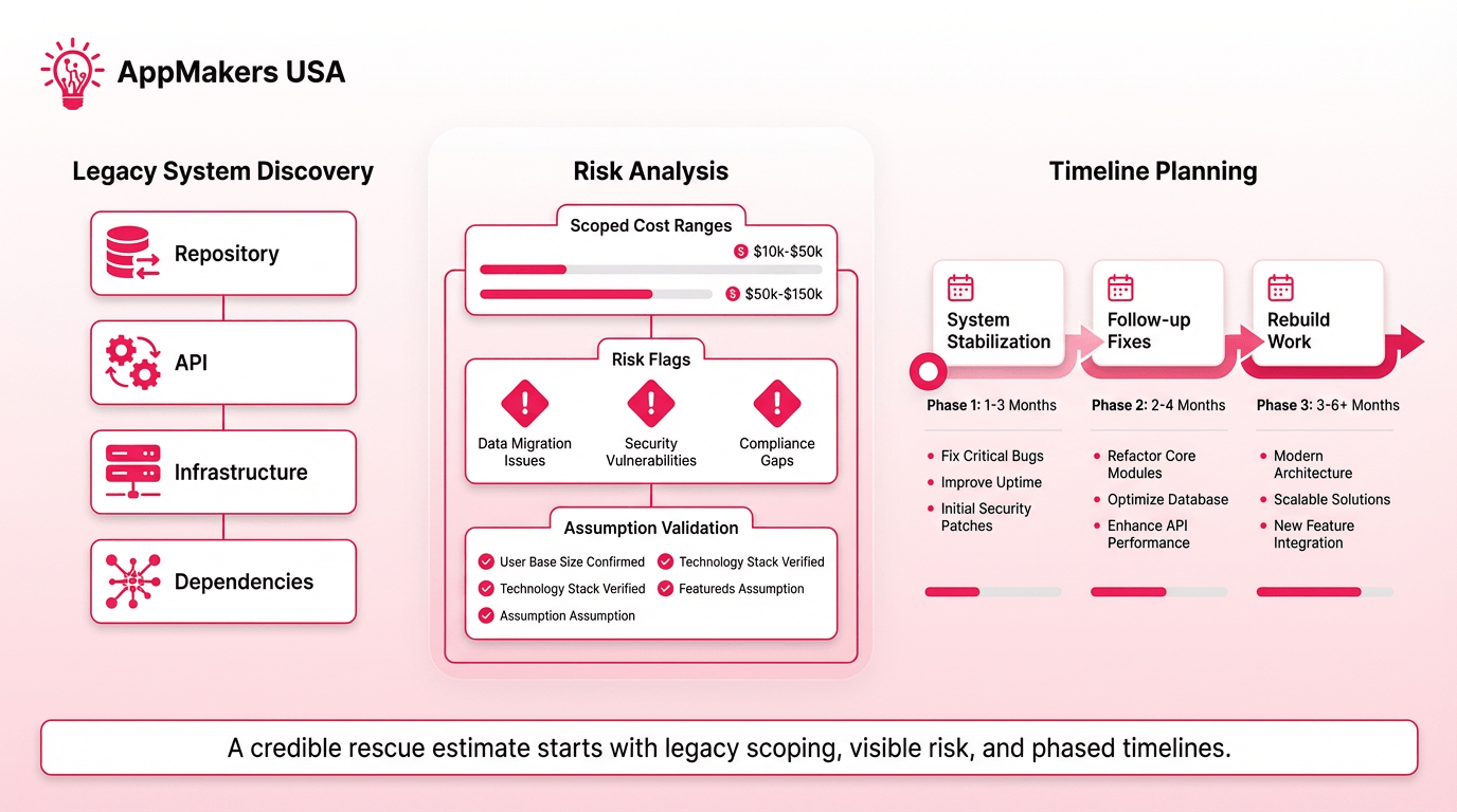 Horizontal illustration showing an app rescue estimate built through legacy system scoping, risk-based budgeting, and phased timeline planning