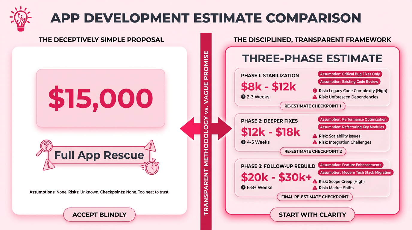 Horizontal split-screen illustration comparing an unrealistic flat app rescue quote with a phased estimate