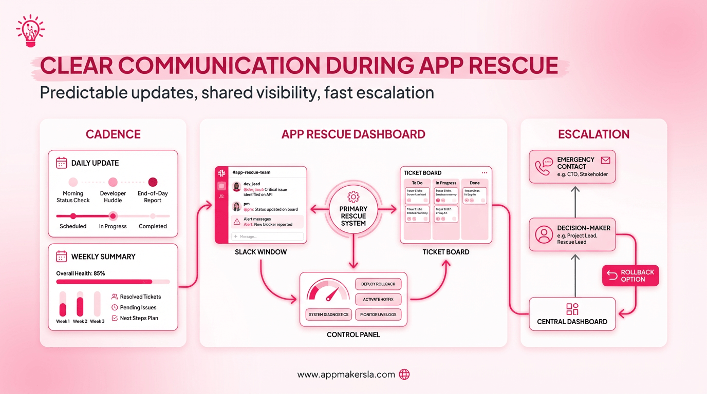 Horizontal illustration showing an app rescue communication system with update cadence, shared channels, and clear escalation paths for urgent issues
